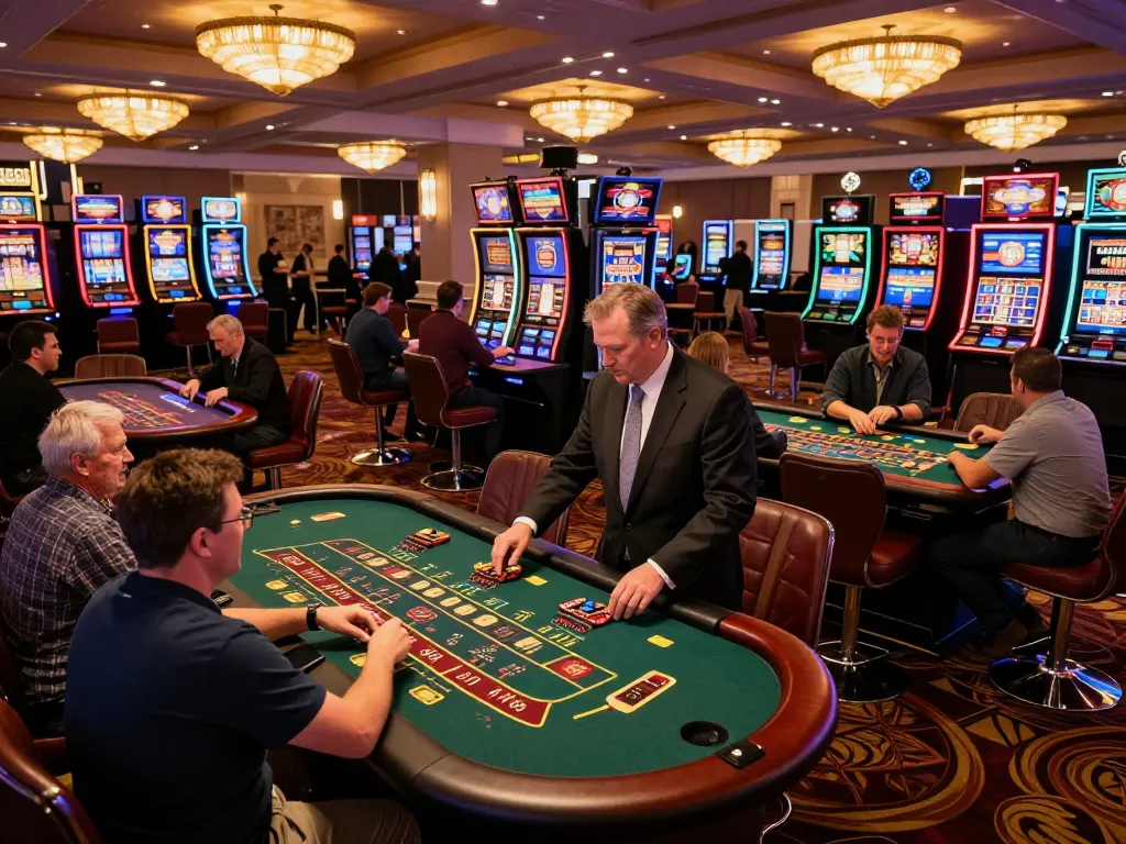 Players engaging at MM88 gaming tables in an elegant casino, vibrant atmosphere capturing excitement and strategy