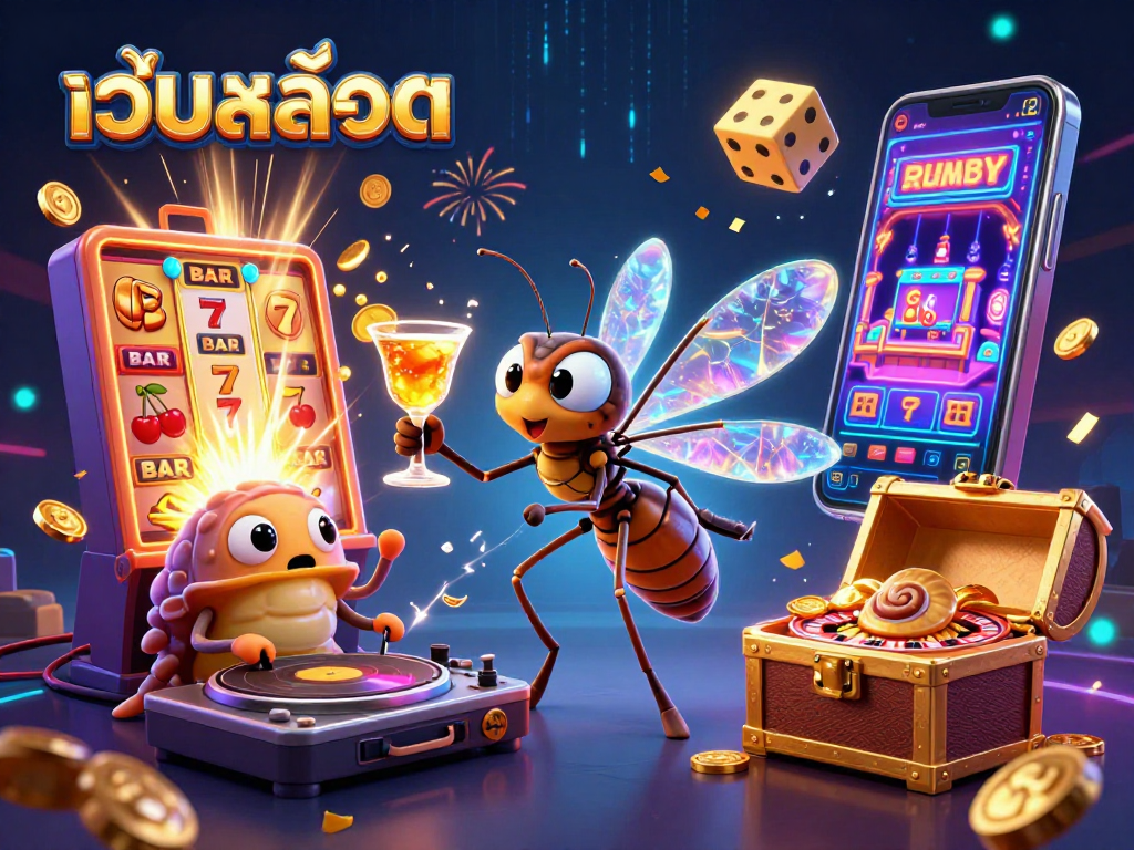 Experience thrilling เว็บสล็อต action with a cartoon mosquito casino mascot and fossil DJ showcasing winning symbols.