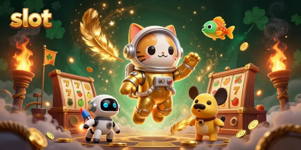 Win big with slot reels and an adventurous astronaut cat in this vibrant casino illustration