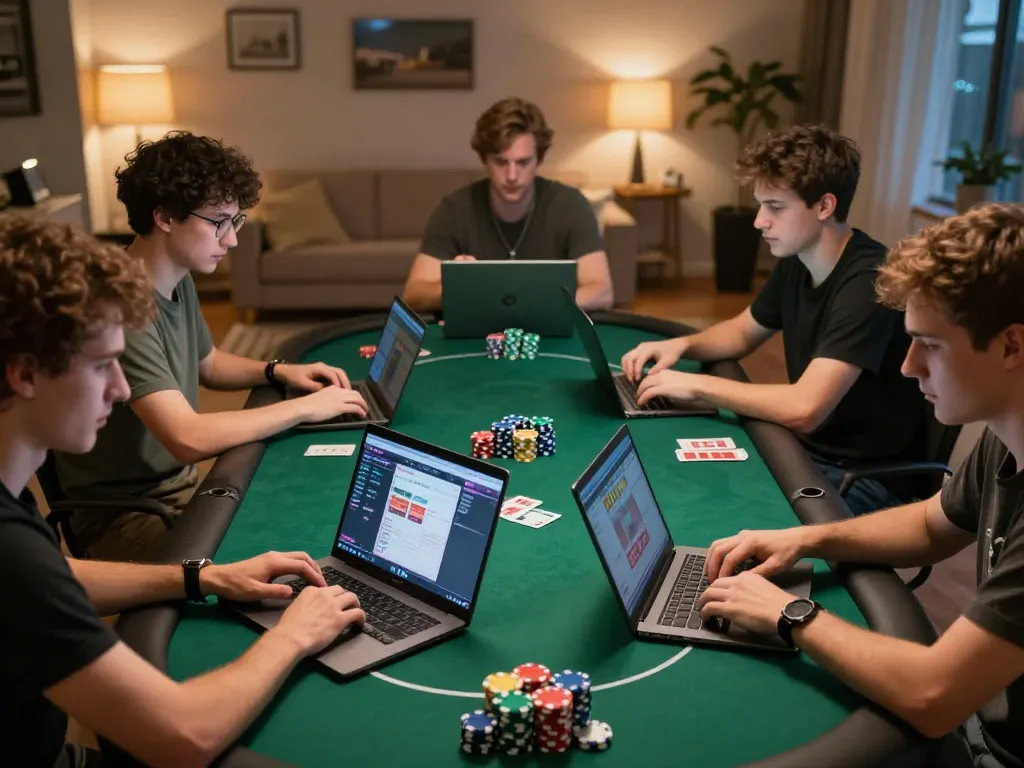 NK 88 players engaging in an exciting online poker game at home, with vibrant screens and strategic focus.