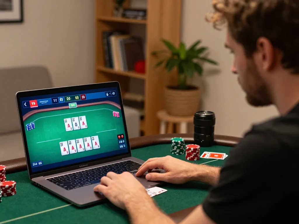 Engaged player exploring slot depo 5k gaming strategies on a laptop in a cozy home setting.