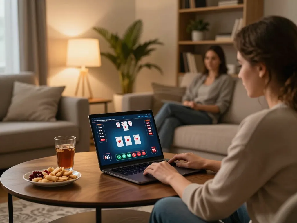 Dinamit4D players enjoying an engaging home poker game on a laptop with cozy ambiance