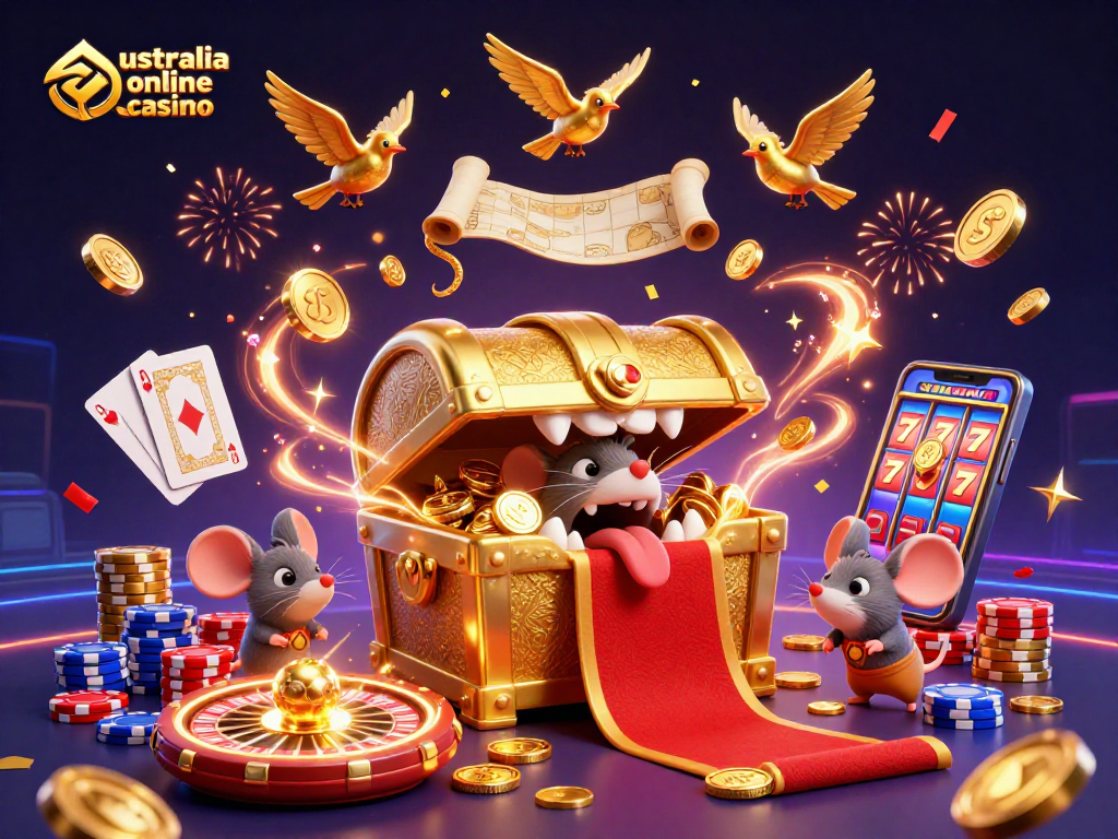 Explore the vibrant scene of an australia online casino featuring a golden treasure chest and cascading coins.