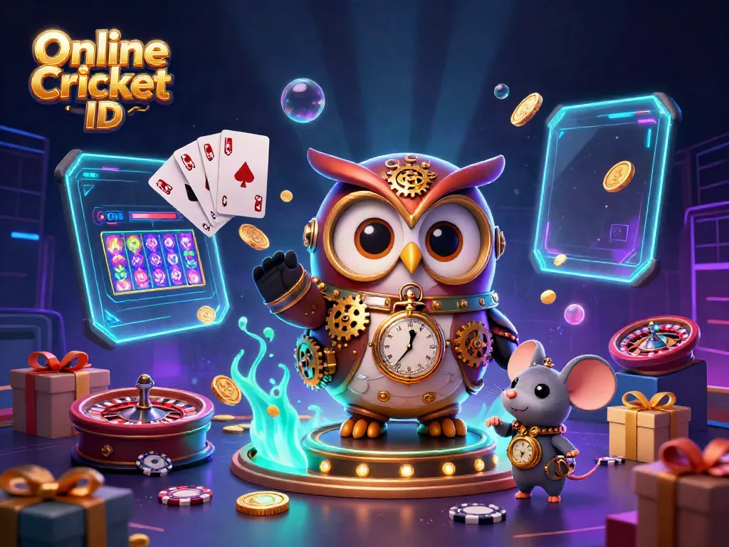 Engage with the Online Cricket ID universe, featuring steampunk owl, vibrant casino elements, and dynamic gameplay.