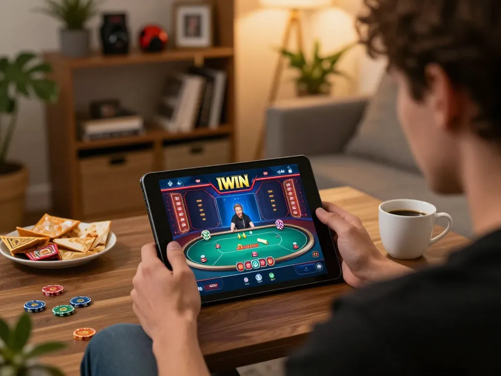 IWIN player engaged in online poker gameplay on a tablet in a cozy home setting