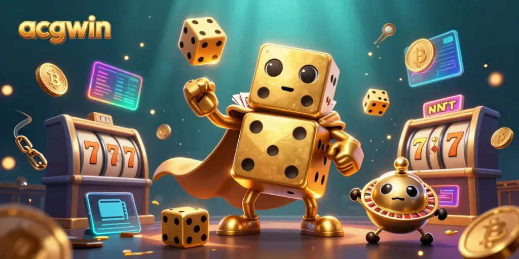 Menampilkan karakter ACGWIN, dadu emas, dan simbol jackpot dalam ilustrasi kasino 3D yang ceria.