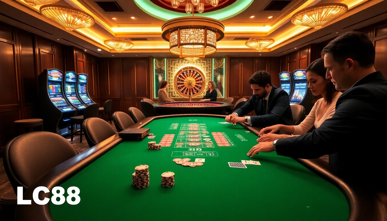 Experience excitement at lc88 with a vibrant casino table featuring poker chips and cards.