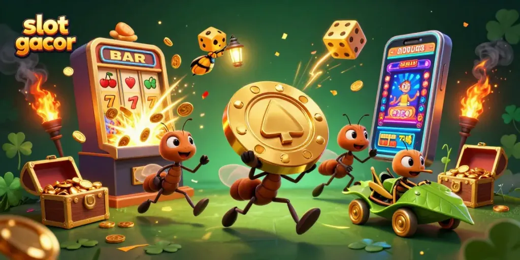 Menang besar dalam slot gacor saat tim semut membawa chip poker emas besar melalui terowongan.