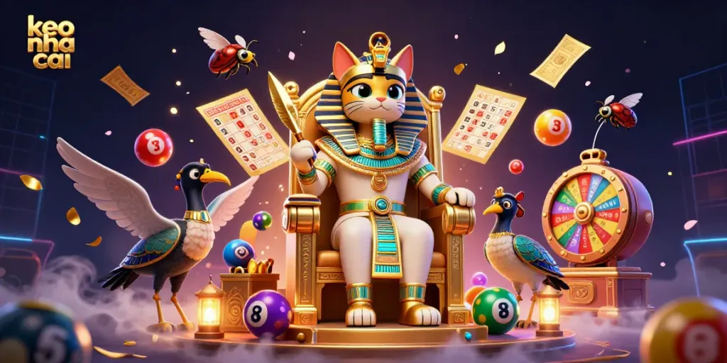 Engage in thrilling gameplay with keo nha cai, featuring an animated Egyptian pharaoh cat and vibrant lottery elements.