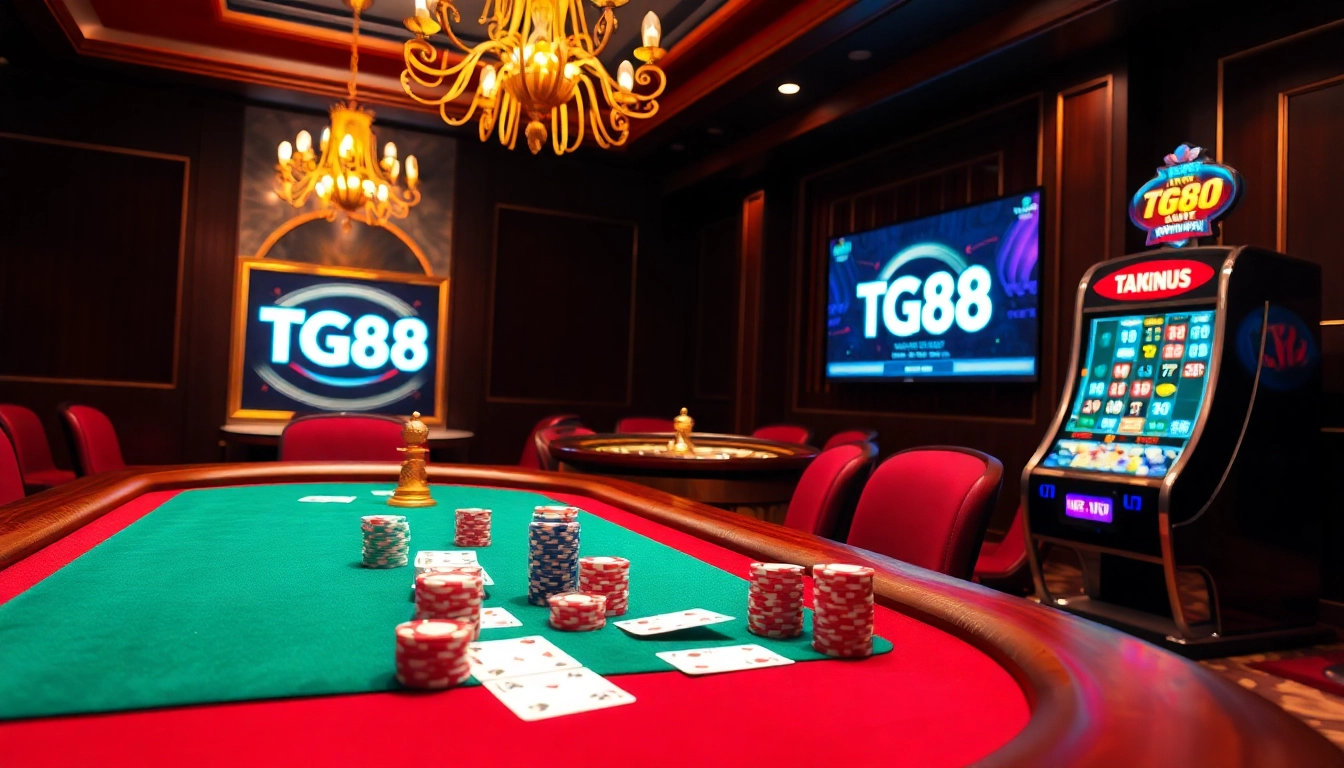 Engaging casino scene with TG88 branding on vibrant poker chips and cards.