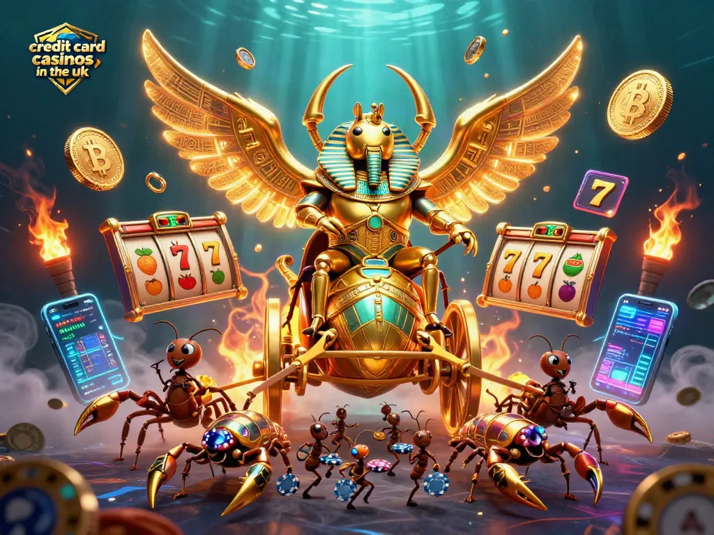 Experience thrilling action at credit card casinos in the uk with vibrant slot symbols, crypto coins, and dynamic game elements.