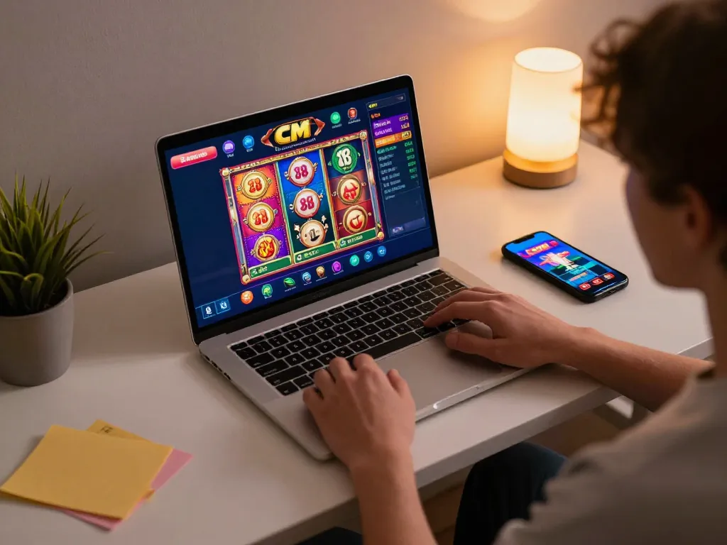 Engaging player enjoys cm 88 slot games in cozy online gaming setup with strategic notes