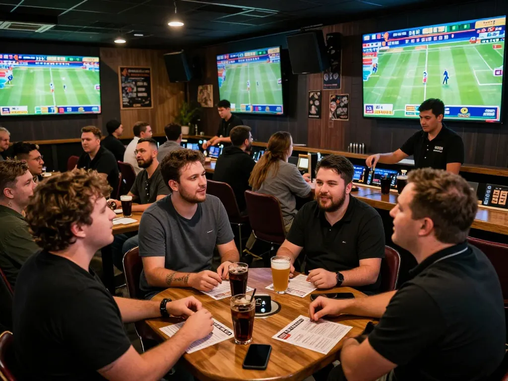 hello88 patrons placing bets while watching live sports in a vibrant bar atmosphere