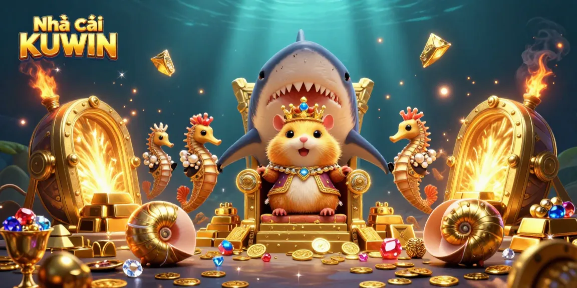 Engage with Nhà cái KUWIN's thrilling underwater kingdom featuring a golden hamster king and treasure vaults.