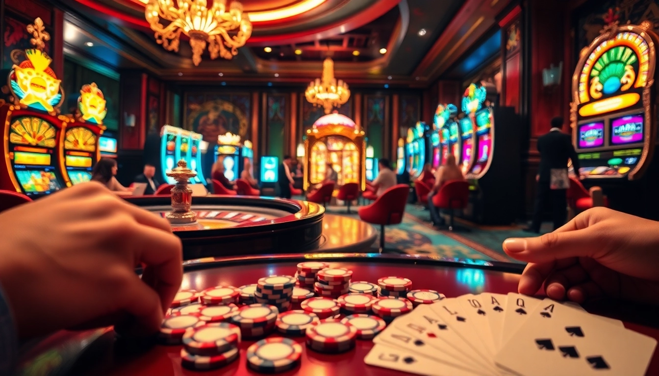 Exciting casino scene with roulette action at https://gamenohu99.com/, featuring poker chips and vibrant slots.