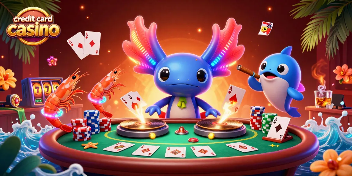 Engaging scene of a credit card casino featuring a lively axolotl DJ and vibrant poker elements.