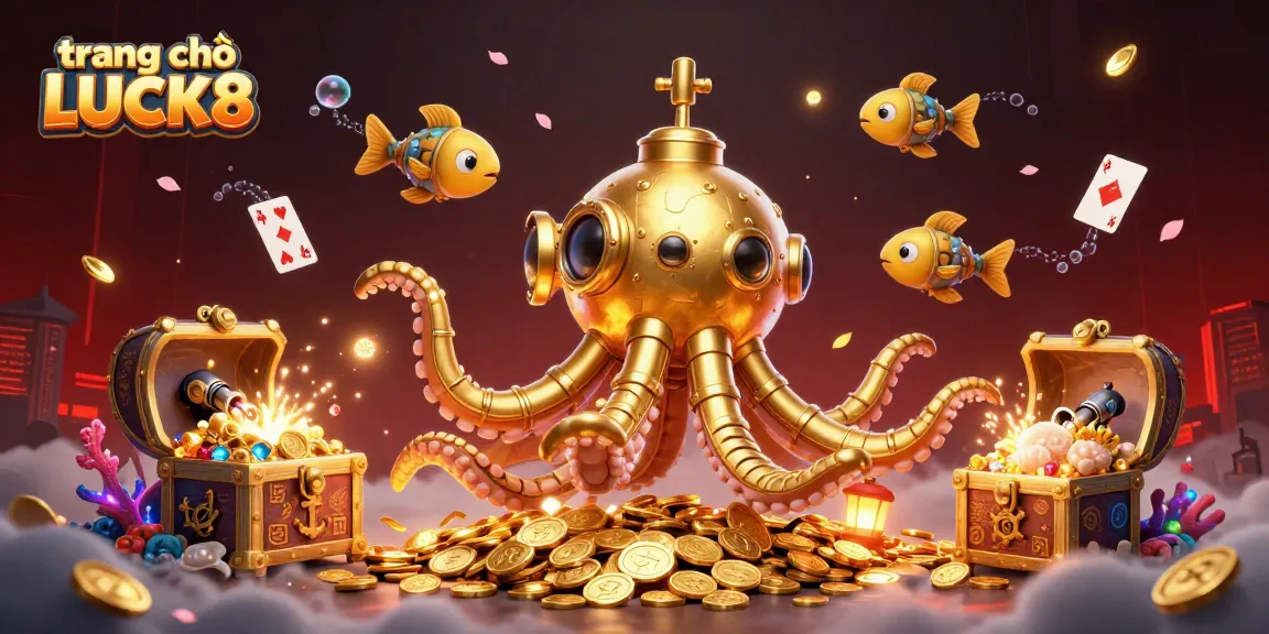 Engage with trang chủ LUCK8 as a breathtaking underwater scene showcases a golden kraken submarine amidst treasure and casino elements.