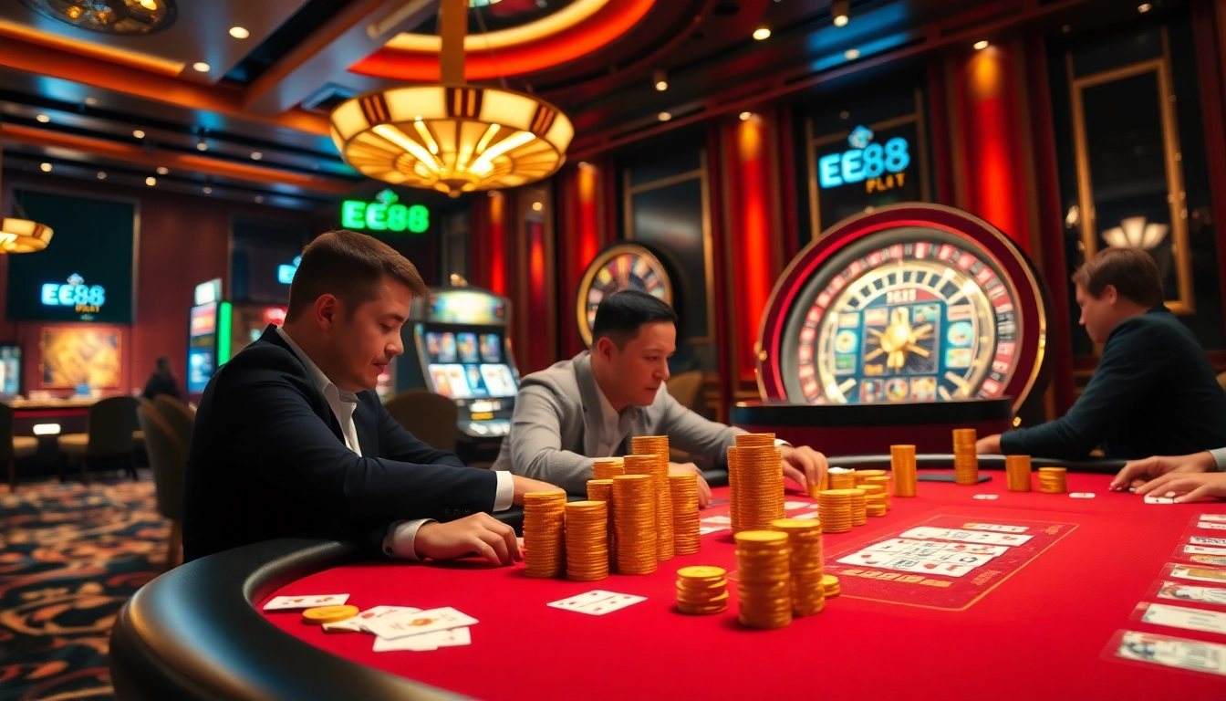 EE88 players enjoy a thrilling casino experience at a luxury poker table with high-stakes action.