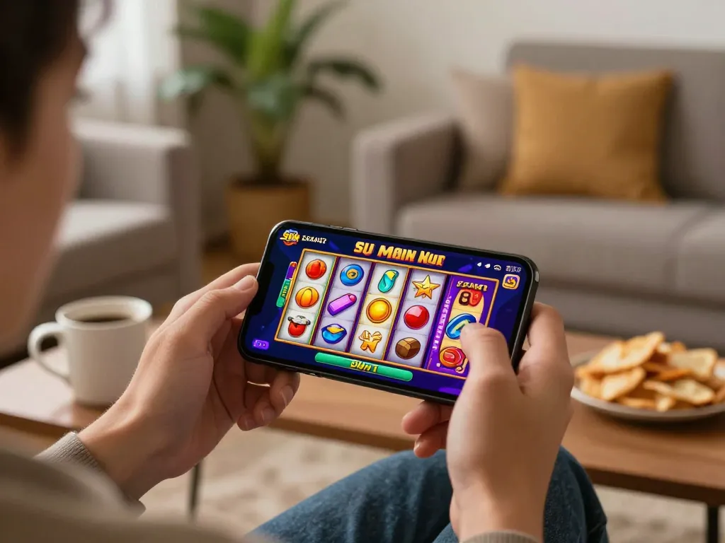 Engaging with Sun win mobile casino app while enjoying a cozy home atmosphere.