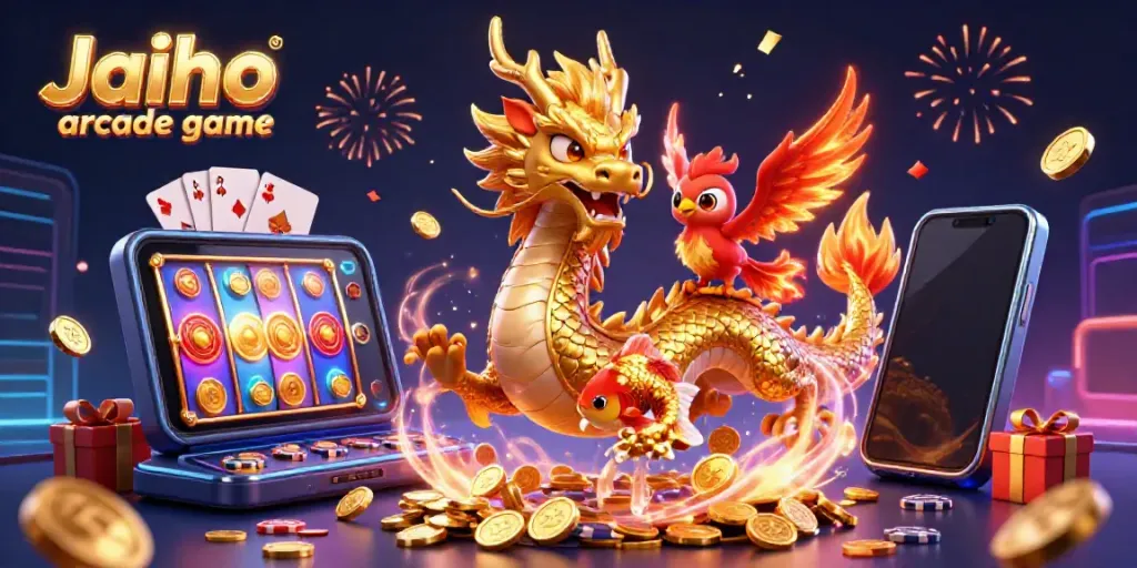 Experience excitement with Jaiho arcade game as golden dragon, phoenix, and koi fish leap amidst vibrant casino symbols.