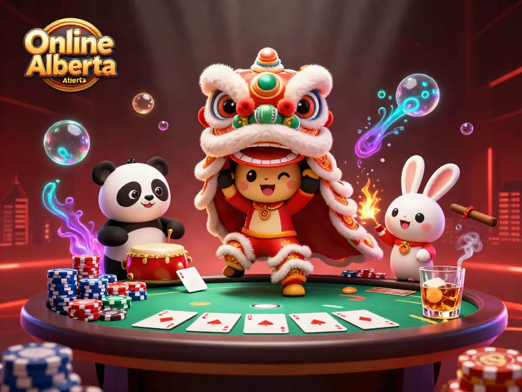 Experience lively action at Online Casino Alberta with a vibrant lion dance scene and dynamic poker elements.