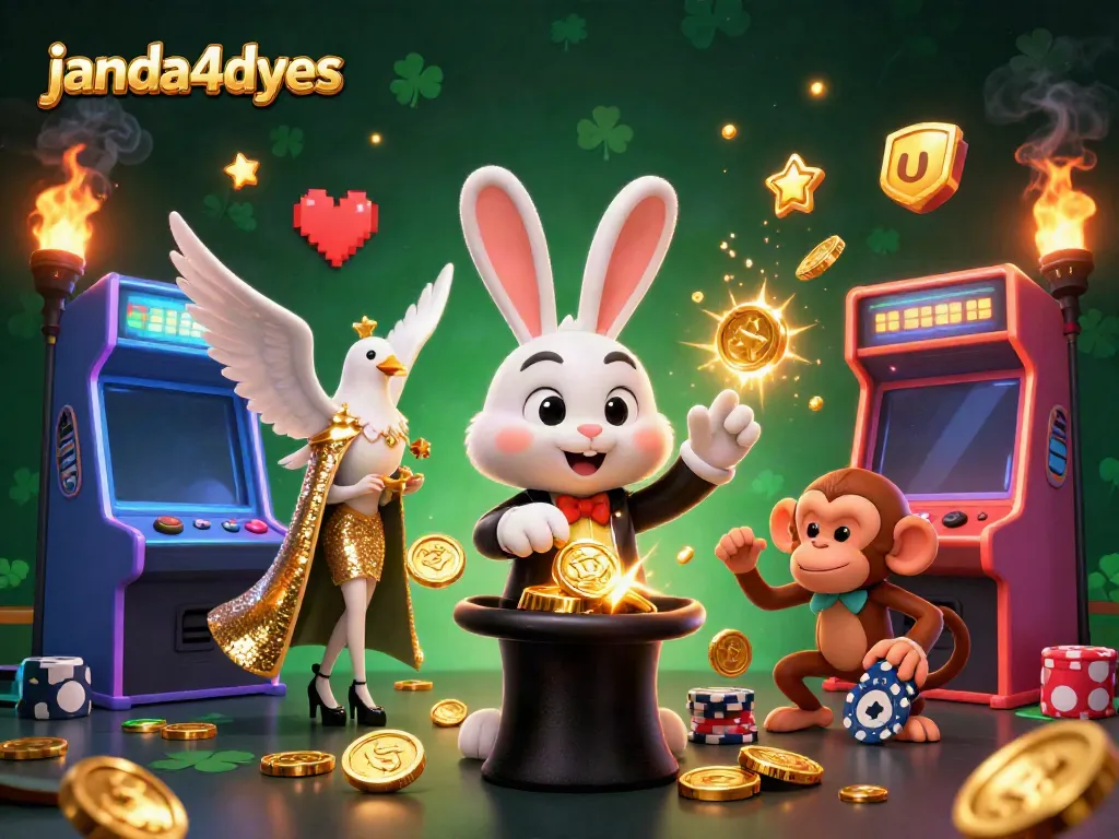 Janda4dyes menghadirkan ilustrasi magis judi dengan karakter kartun menarik dan elemen permainan kasino.