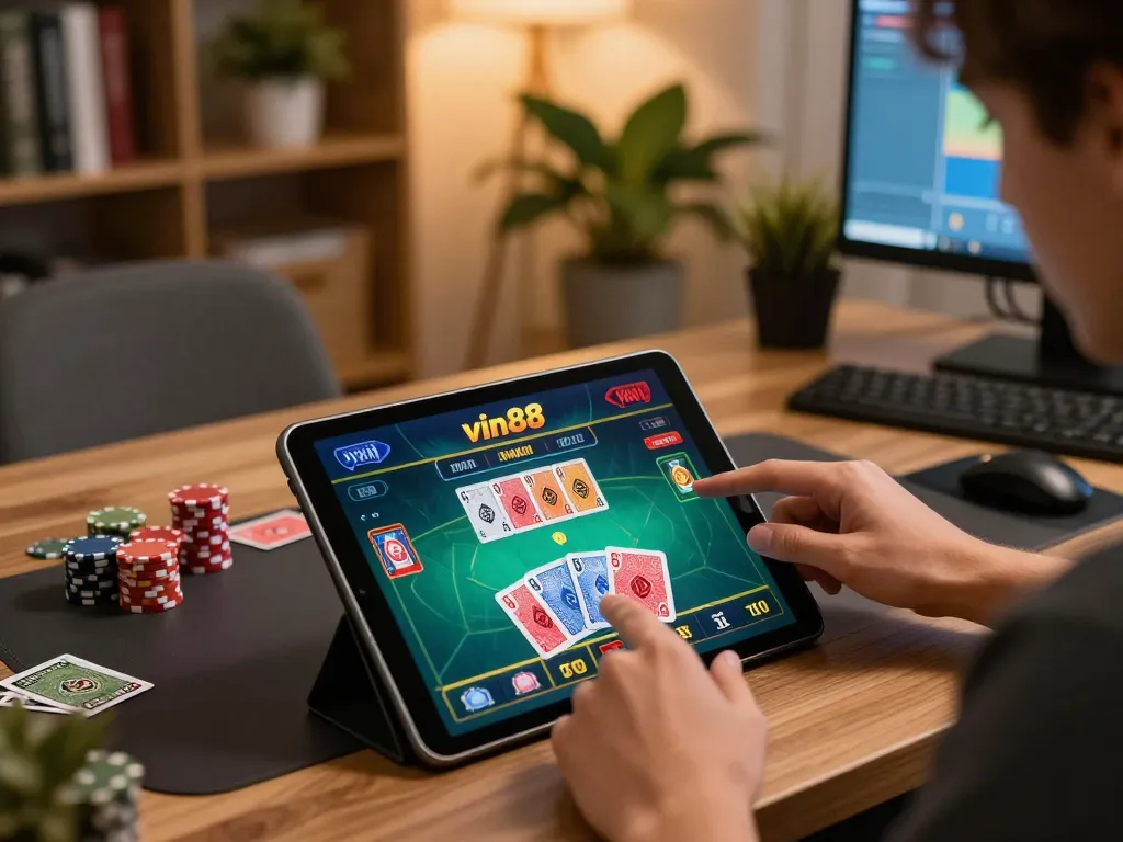 Engaging with vin88 casino app at home, showing live dealer game on tablet.