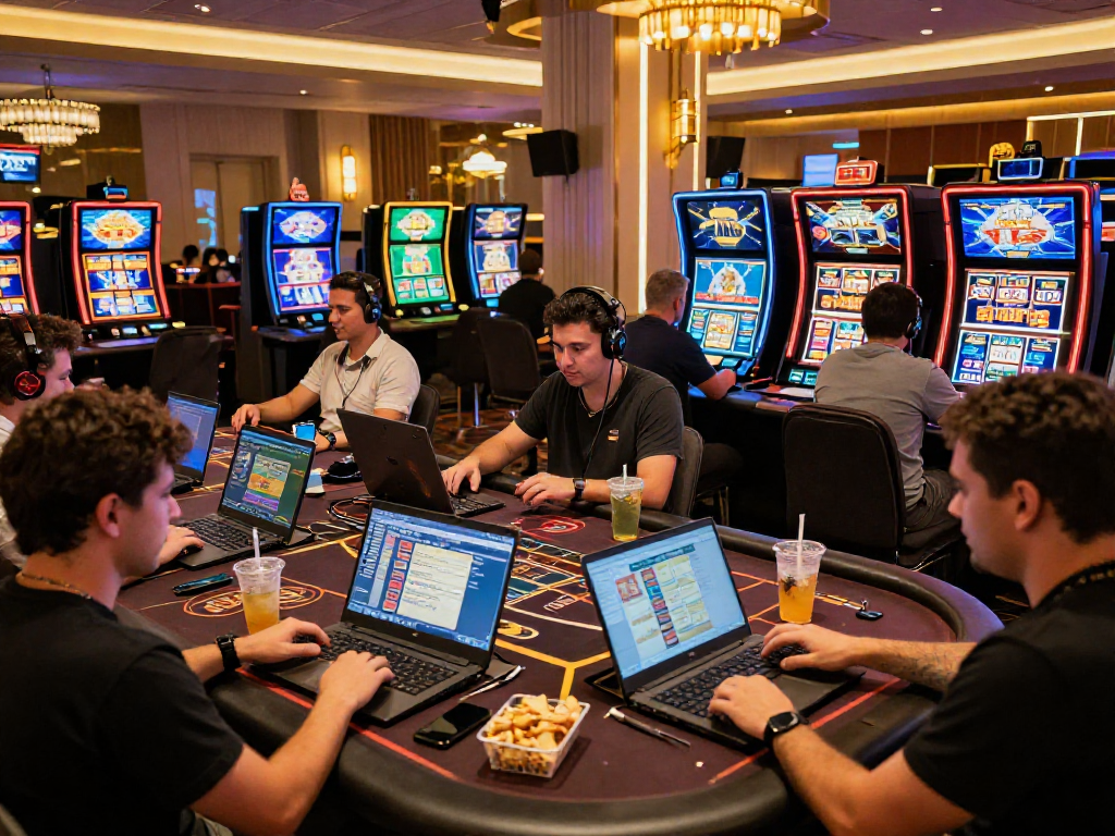 Experience the thrill of USA online casinos with diverse players enjoying games on modern devices and vibrant atmosphere