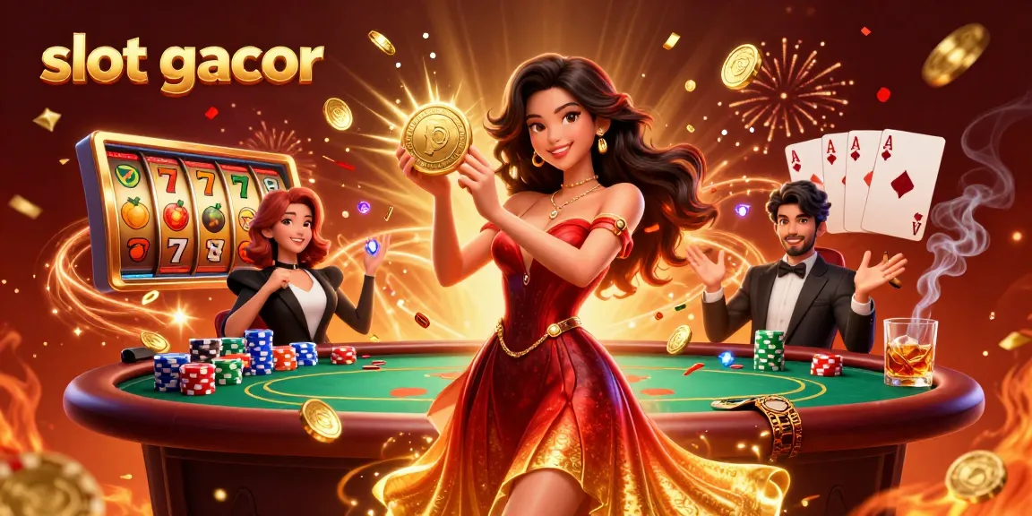 Experience the excitement of slot gacor with a stunning casino illustration highlighting a glamorous player and dynamic game elements.