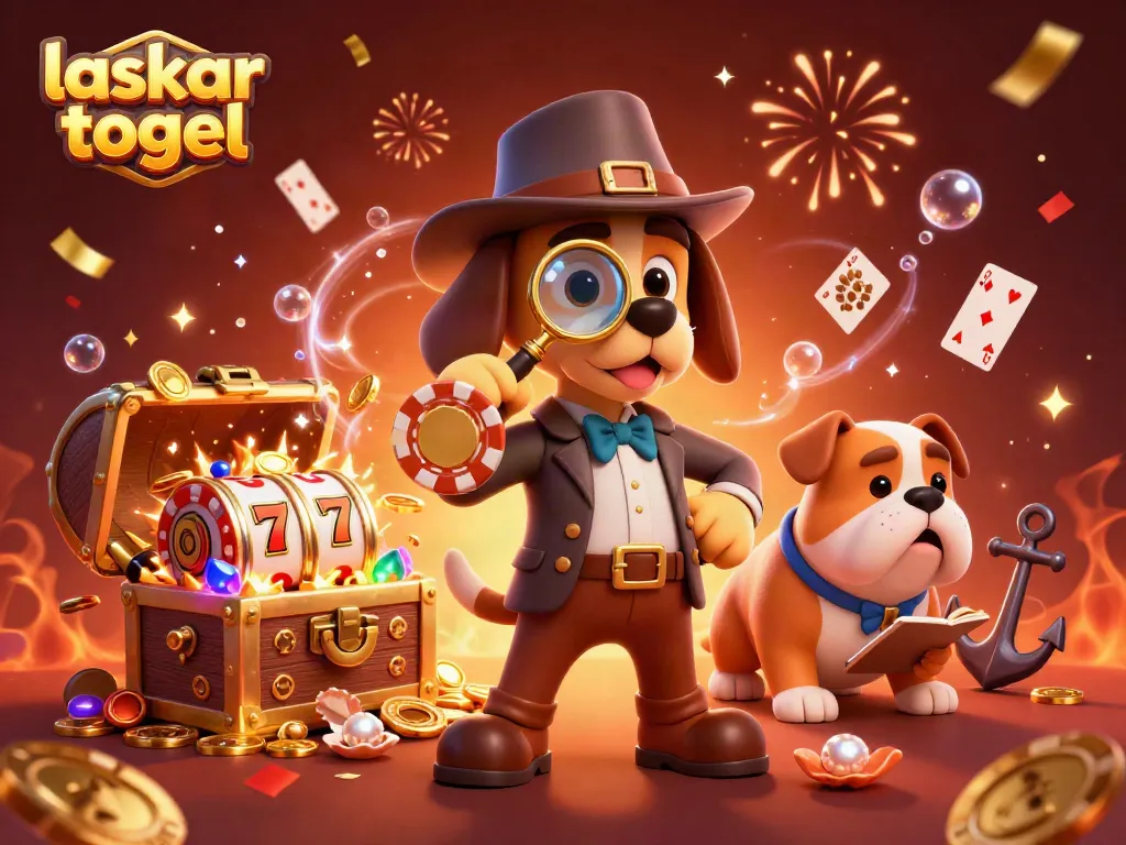Laskar Togel detective examines a golden poker chip clue amidst vibrant casino elements and treasure