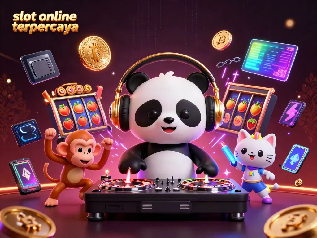 Slot online terpercaya: DJ panda bermain roulette dan simbol buah di festival kasino.