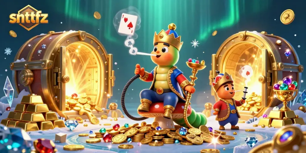 Engage with the enchanting snttfz illustration of gaming magic, featuring a whimsical caterpillar hookah-master.