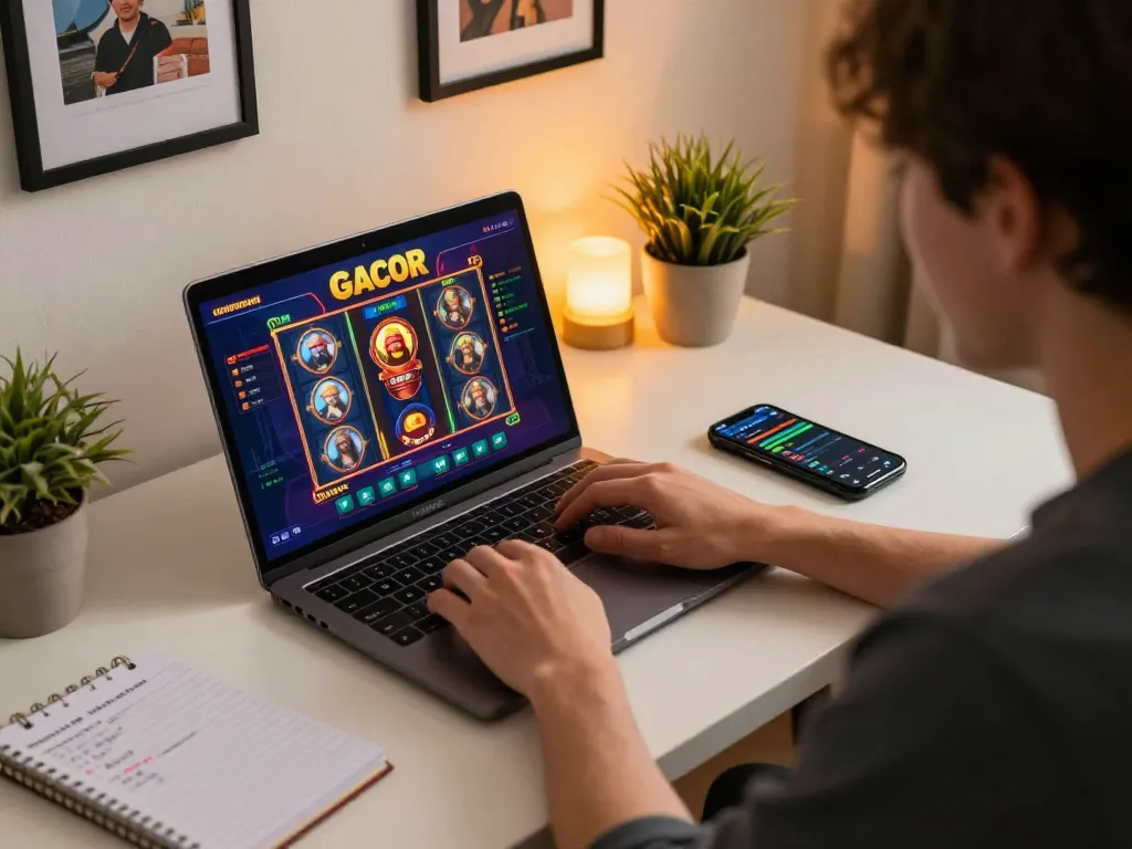 Engaging moment of playing slot gacor online game on a laptop while managing strategies.
