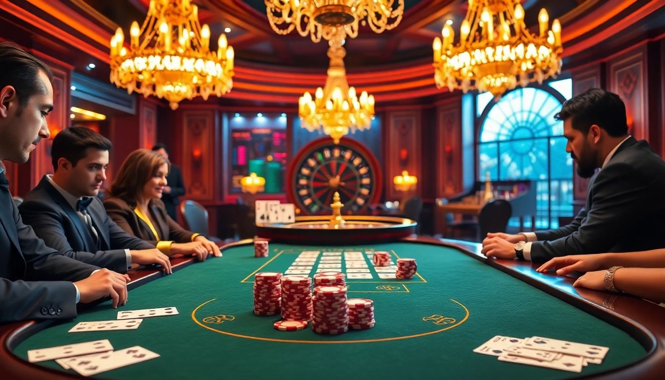 Engaged players at b52club poker table showcasing high-stakes action and vibrant casino ambiance.