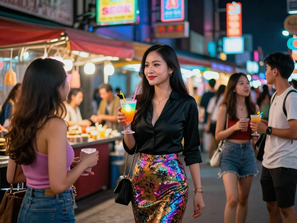 Gái gọi cùng bạn bè trong không gian ban đêm đầy sống động