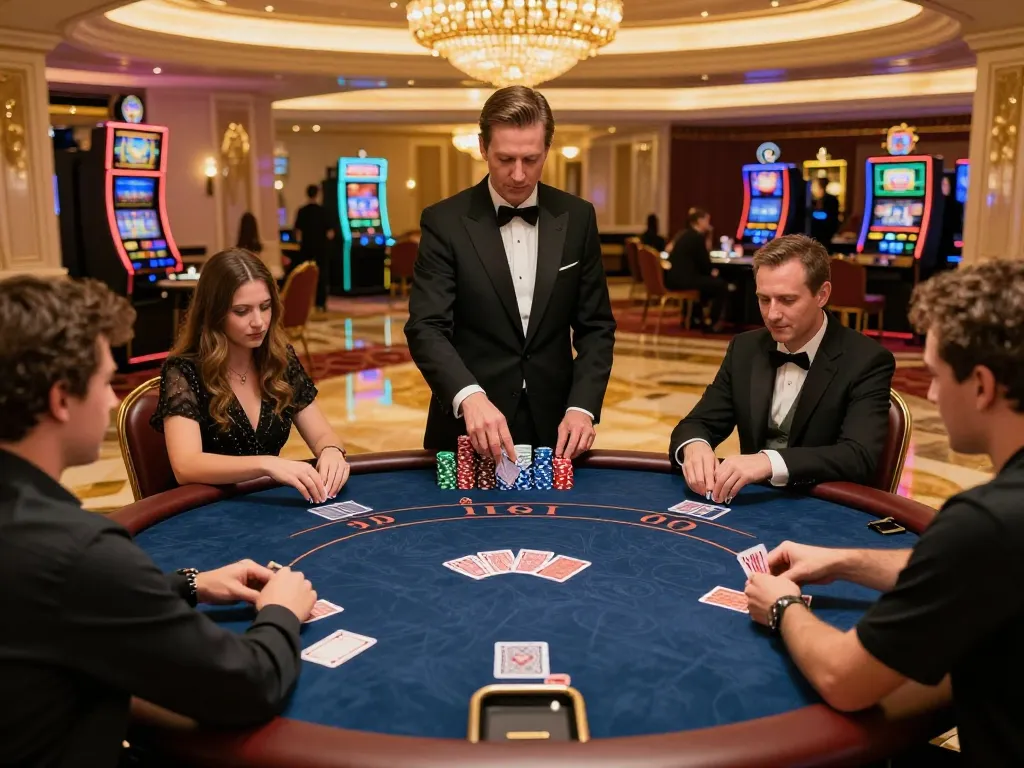 Engaging poker gameplay at a luxury casino featuring 79KING players in action with dynamic chips and cards.
