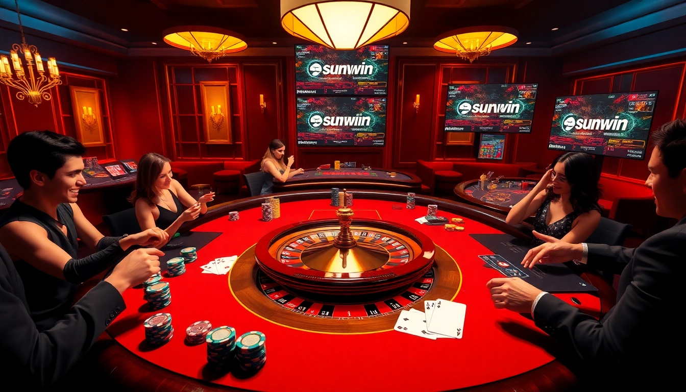Gamblers enjoying a luxurious casino experience with the sunwin gaming platform at the center.