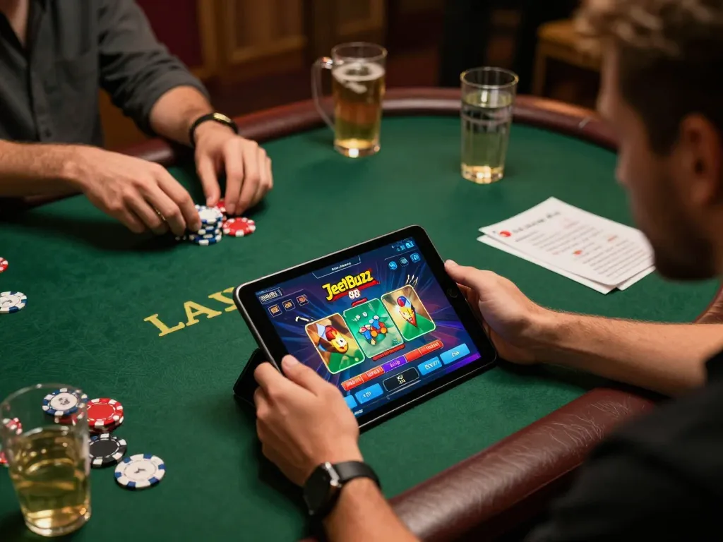 Player using the Jeetbuzz 88 app for mobile gaming while strategizing with friends