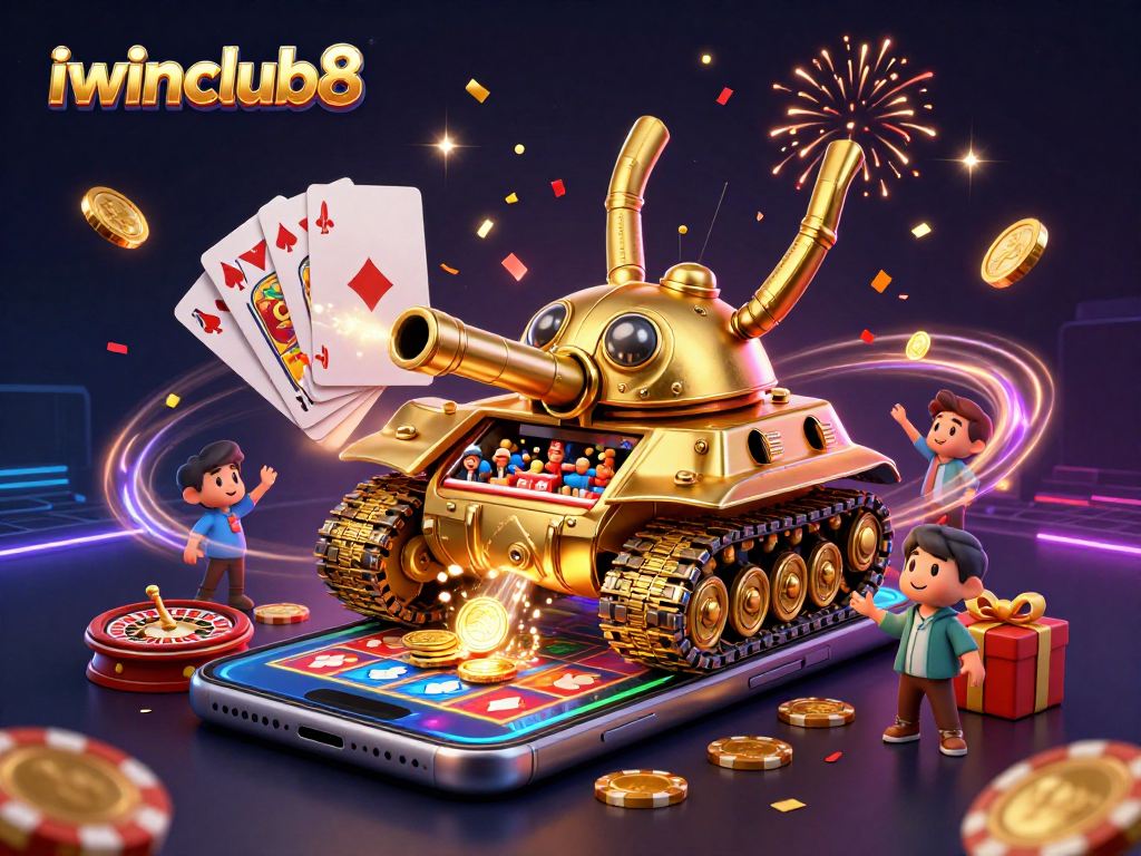 Experience the vibrant casino fun of iwinclub8 with a golden beetle tank showcasing games and celebrations.