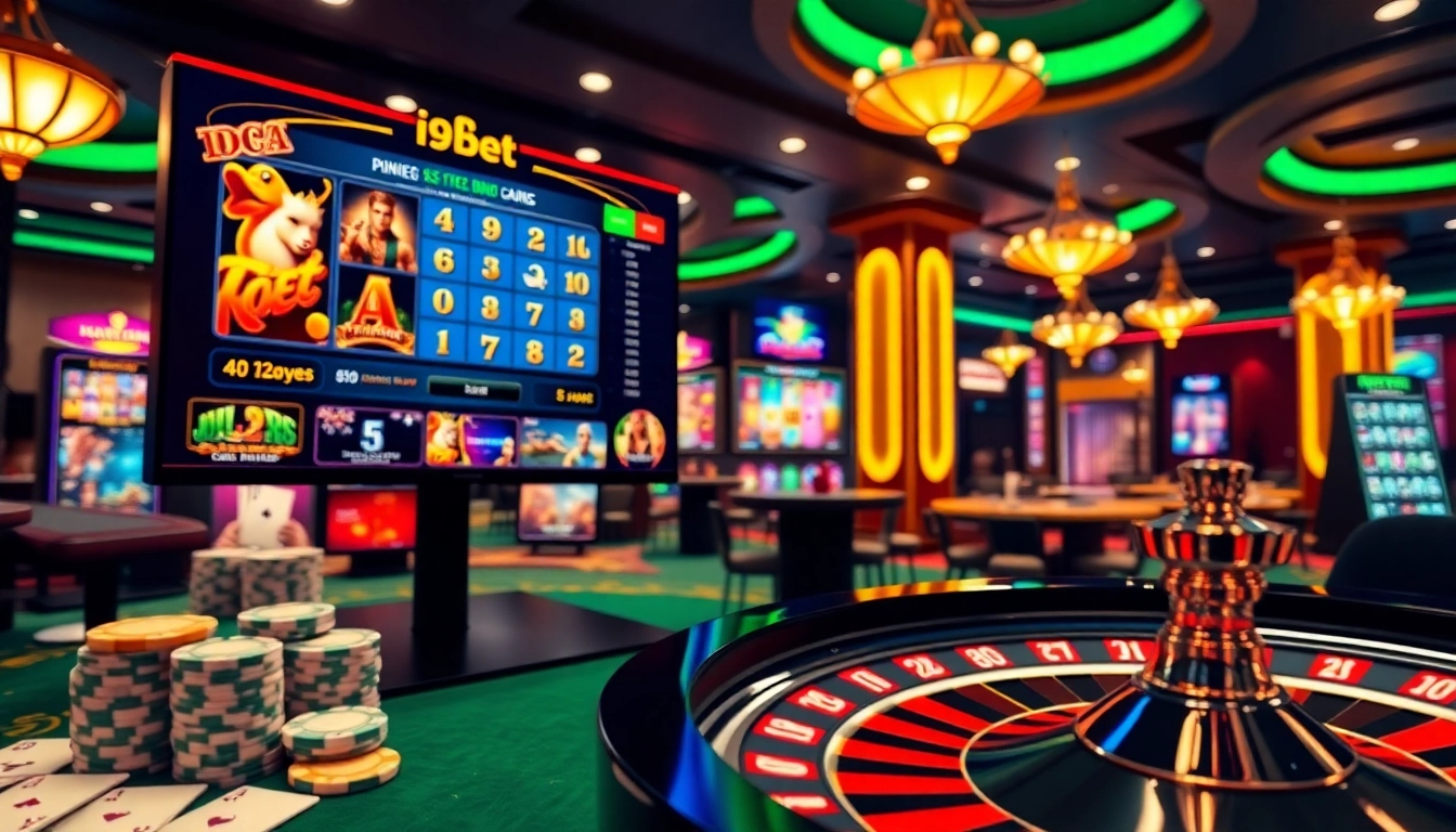 i9bet's vibrant casino scene showcasing poker chips, slots, and a roulette wheel in action.