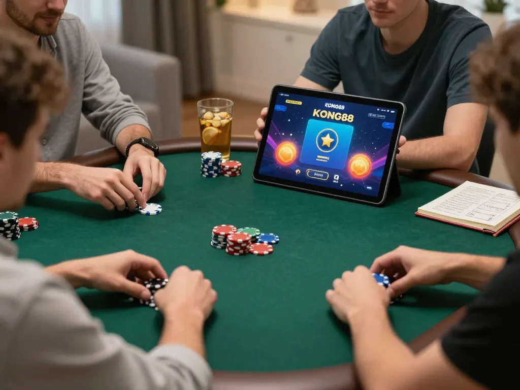 KONG88 online poker players strategizing in a cozy home setup with a tablet interface