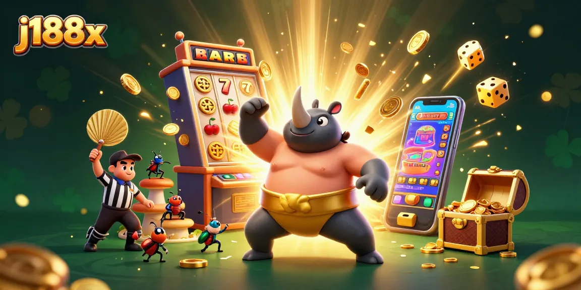 Experience thrilling gameplay at j188x with a dynamic 3D casino scene of a beetle champion amidst a jackpot explosion.