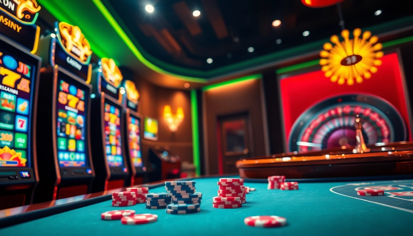 Engaging casino scene showcasing a roulette wheel and vibrant slot machines at s8.