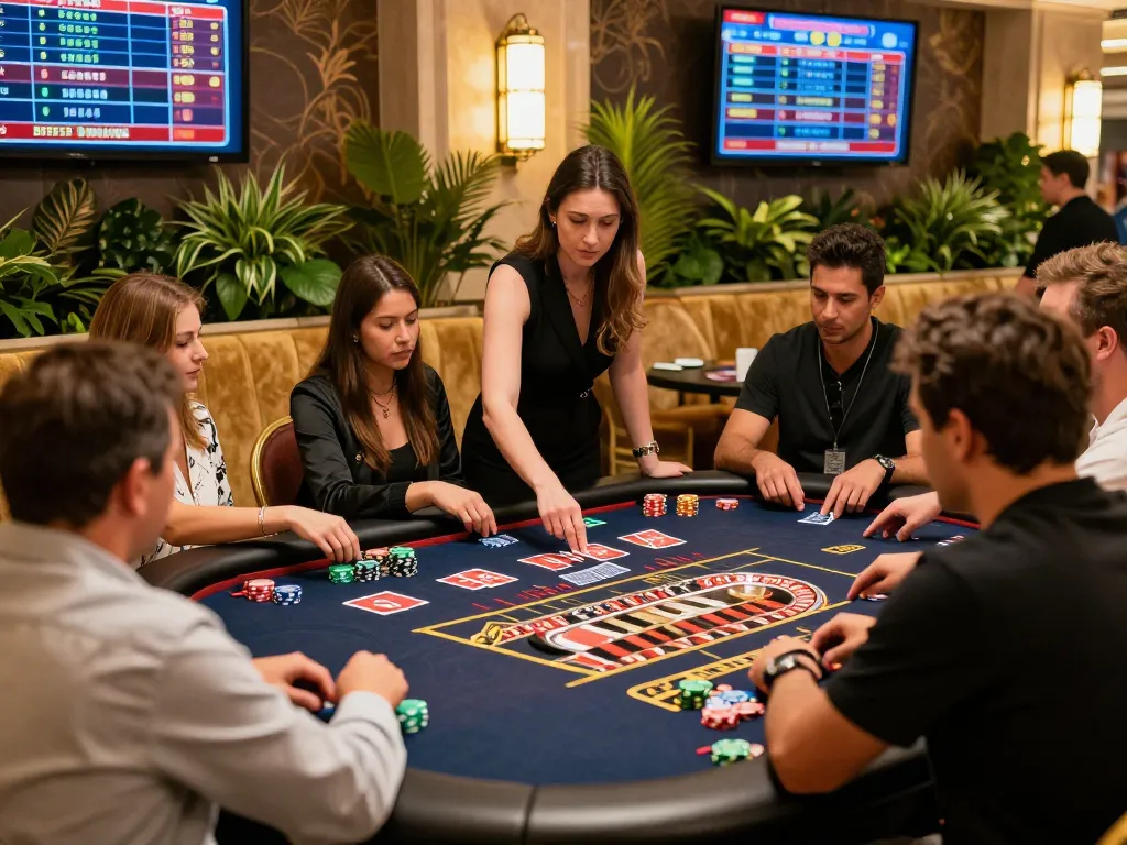 Exciting live casino atmosphere with players at the bong99 roulette table, showcasing engagement and vibrant decor.