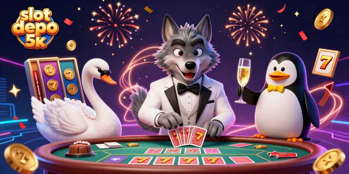 Engage with the excitement of slot depo 5k in this vibrant casino scene featuring a debonair wolf, elegant swan, and sophisticated penguin.