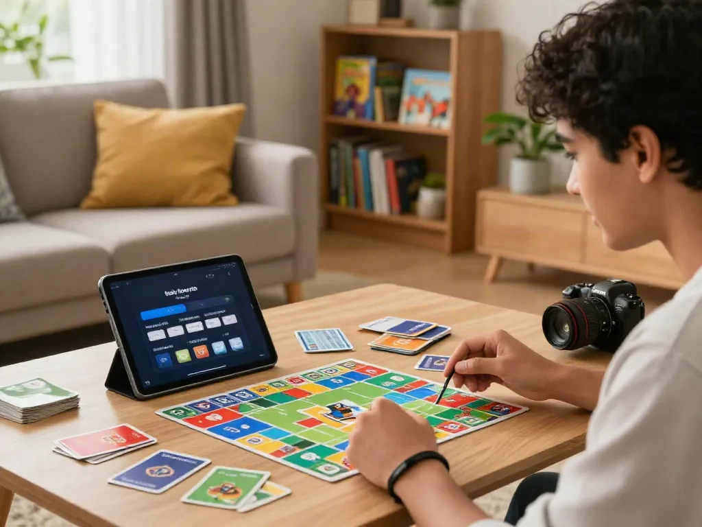 Engaged player enjoying rumble rummy app on tablet surrounded by game cards and rewards notifications.
