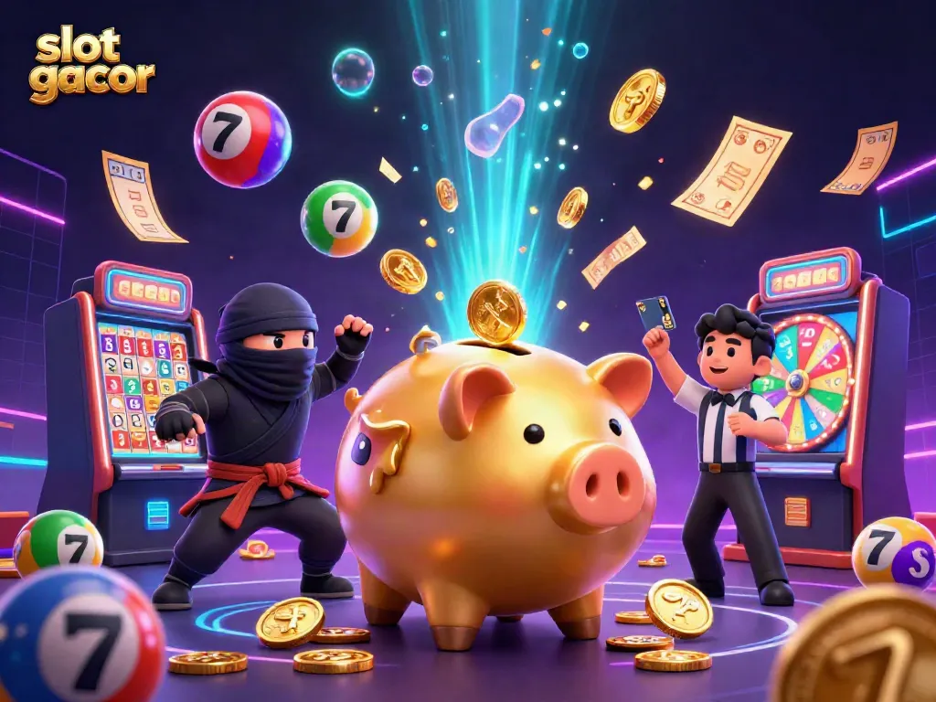 Aksi slot gacor yang dinamis dengan sumo piggy bank, ninja dompet, dan samurai kartu di kasino.