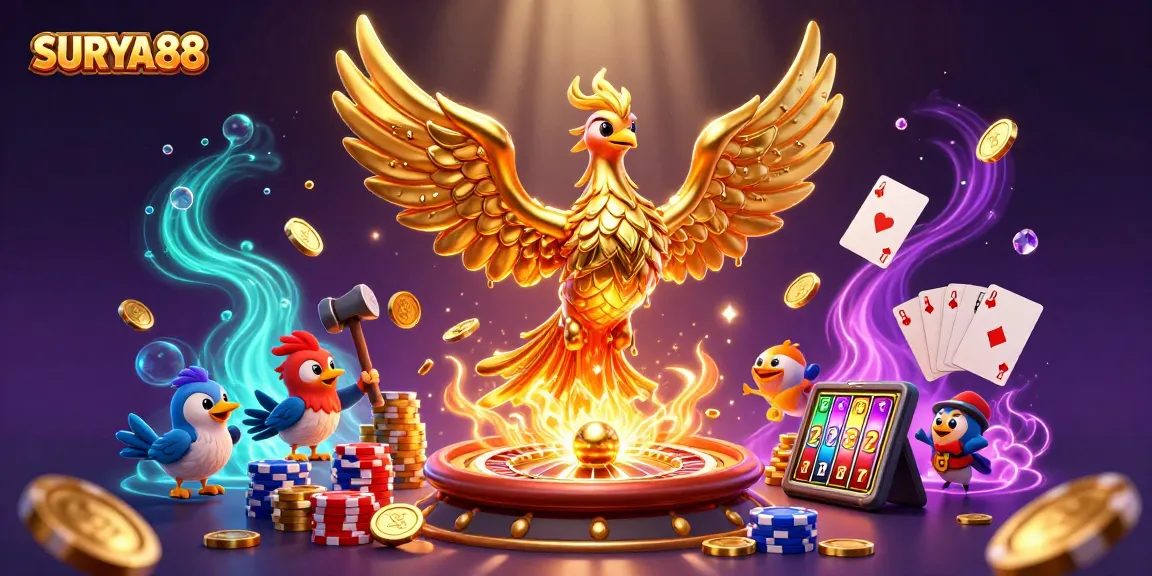 SURYA88 showcases a mythical 3D phoenix among casino elements, capturing the excitement of online gaming.