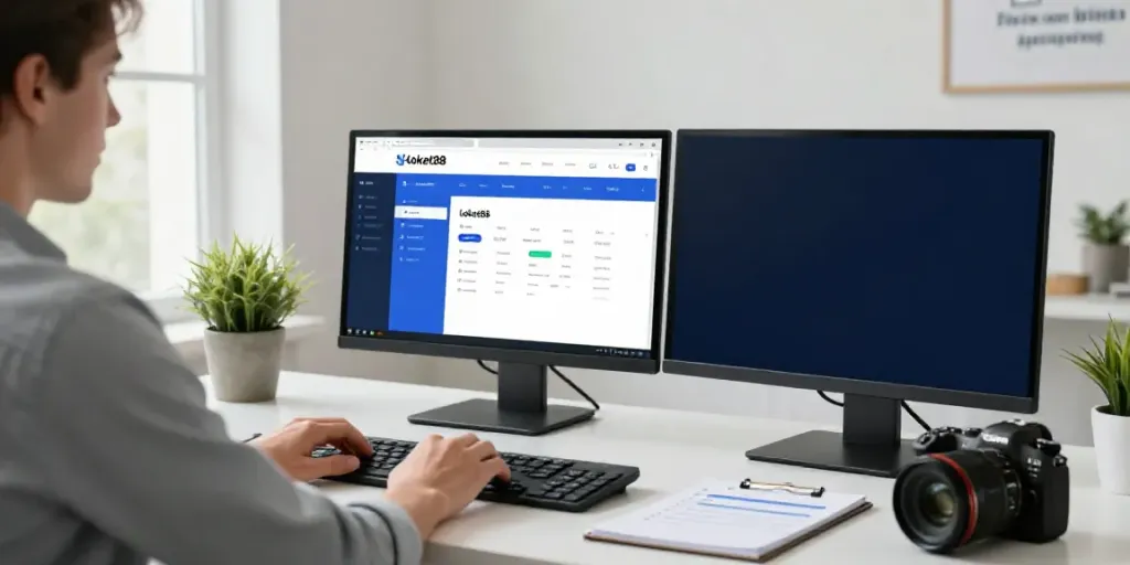 Login process for loket88 on a modern workstation, showcasing user-friendly interface and productive atmosphere.