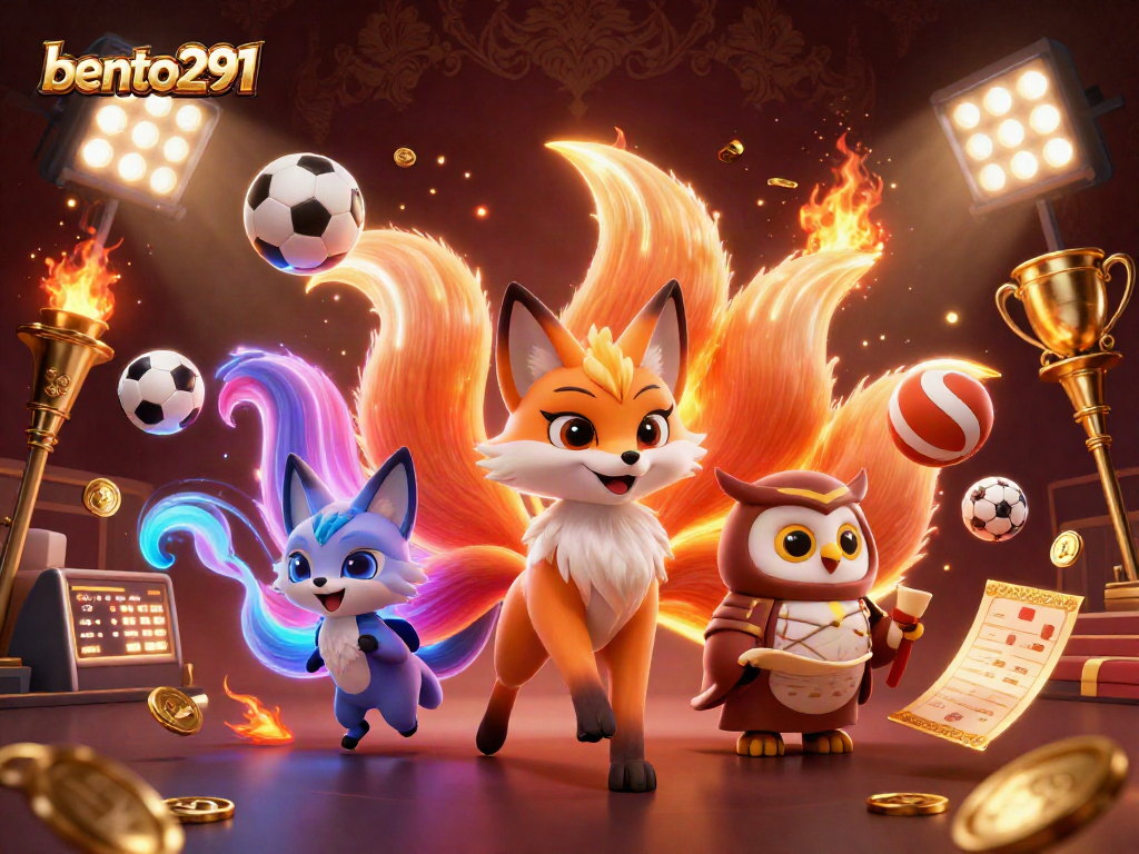 Bento291 captivates players with a vibrant 3D casino scene filled with sports elements and mythical characters.
